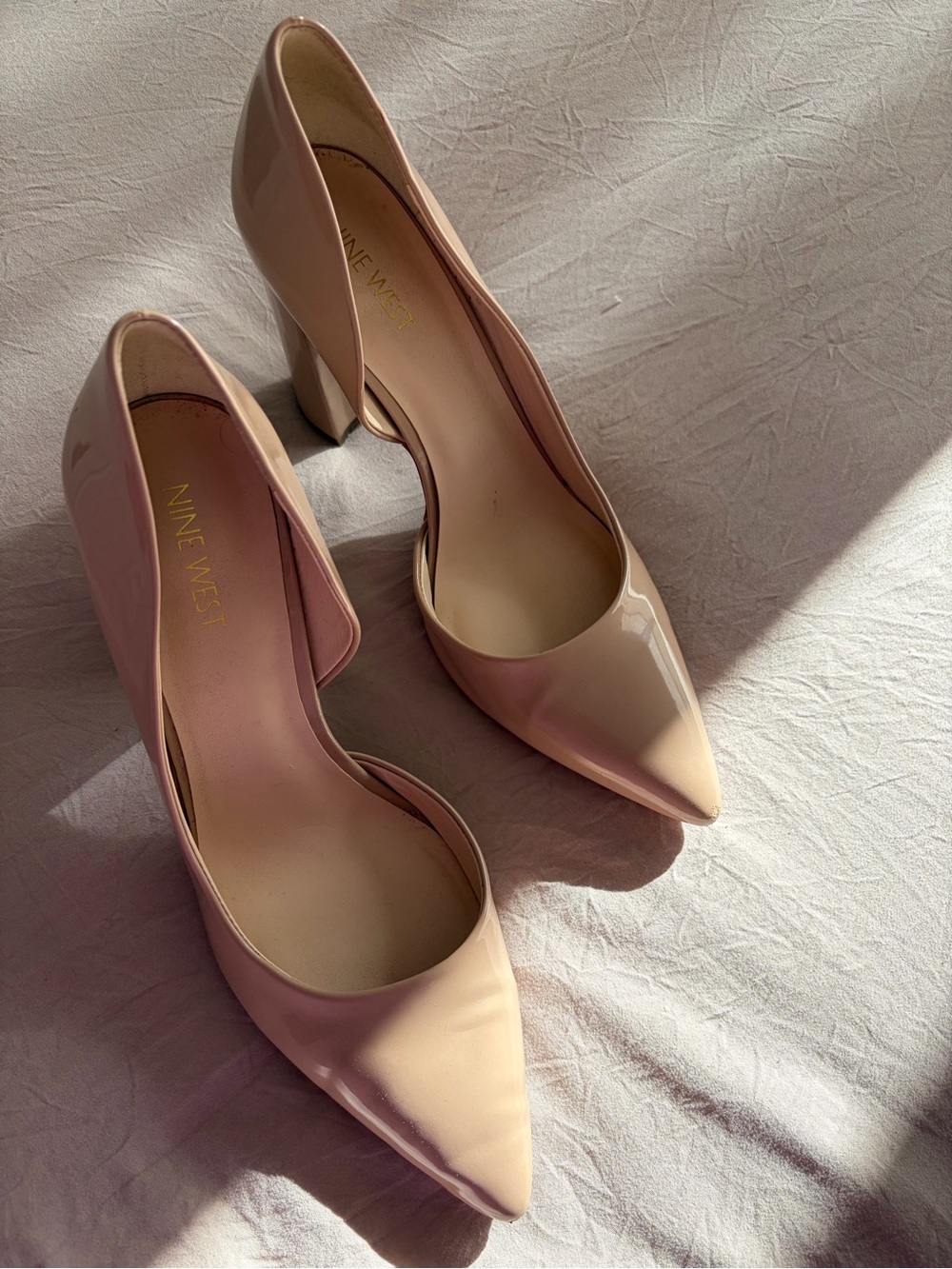 Nine West Blush/beige Patent Pointed-Toe Block Heels, size 9
